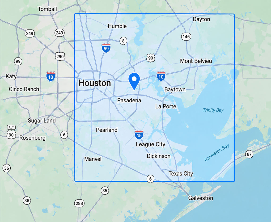 H-Town Tow service area covering eastern and central Houston metro